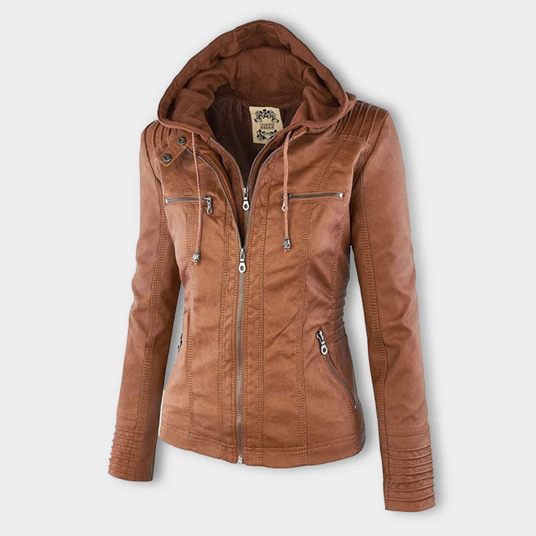 Veste en similicuir pour femme automne zippée avec capuche amovible à coupe cintrée Alina