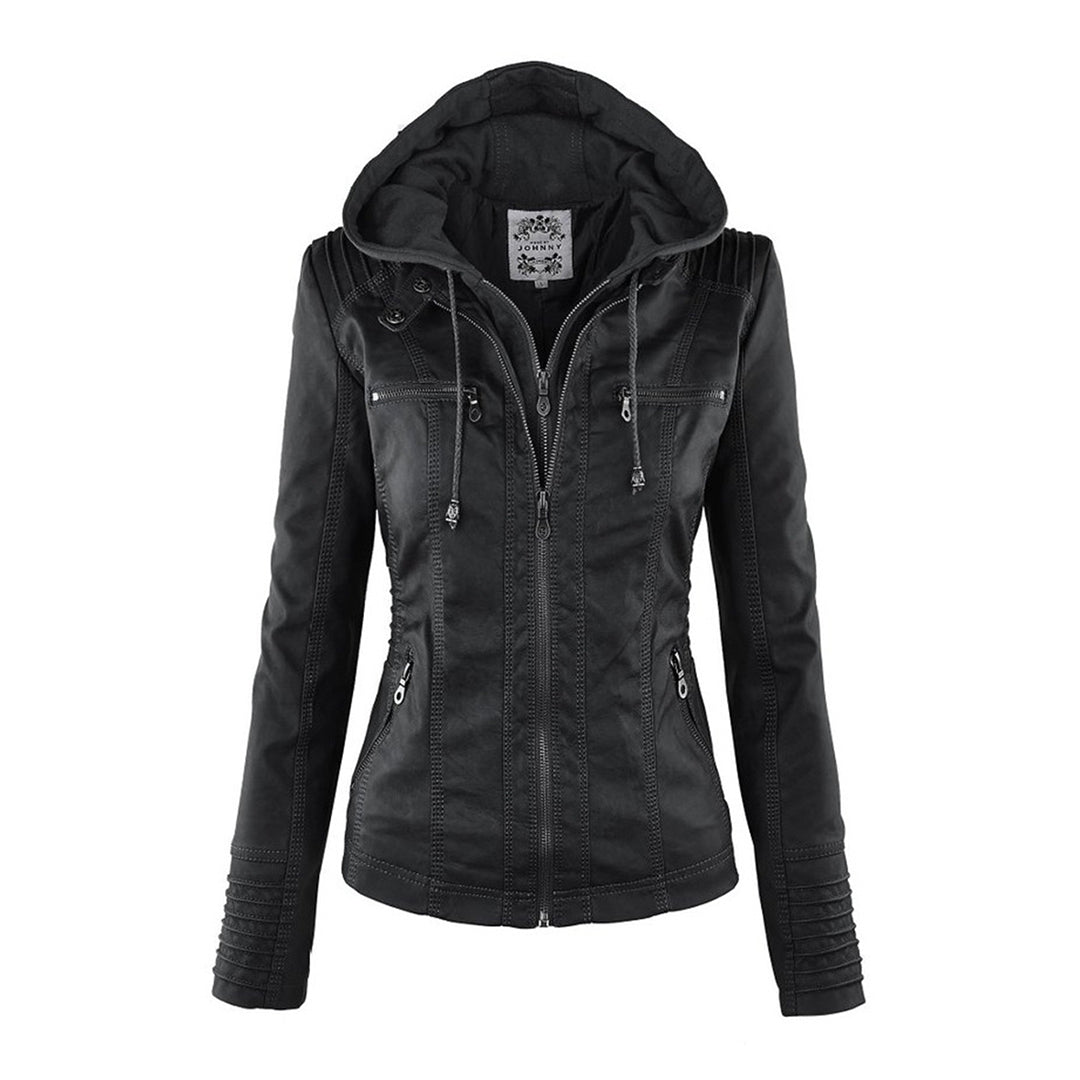 Veste en similicuir pour femme automne zippée avec capuche amovible à coupe cintrée Alina