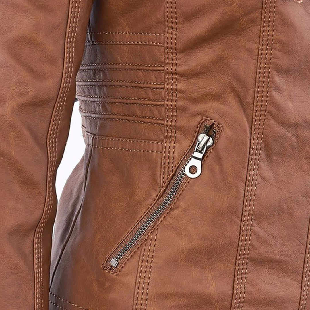 Veste en similicuir pour femme automne zippée avec capuche amovible à coupe cintrée Alina
