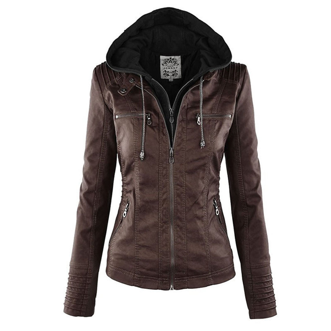 Veste en similicuir pour femme automne zippée avec capuche amovible à coupe cintrée Alina