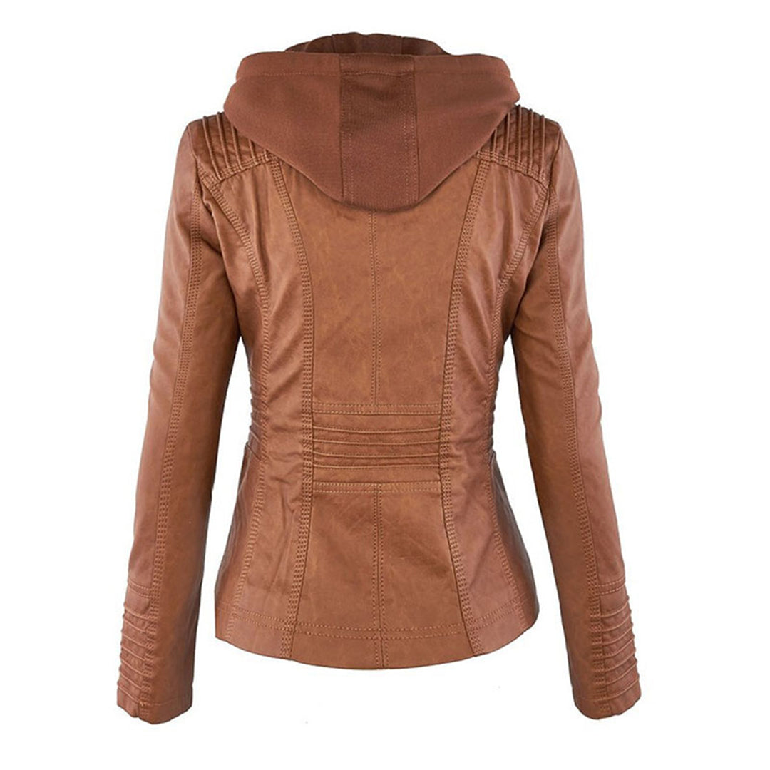 Veste en similicuir pour femme automne zippée avec capuche amovible à coupe cintrée Alina