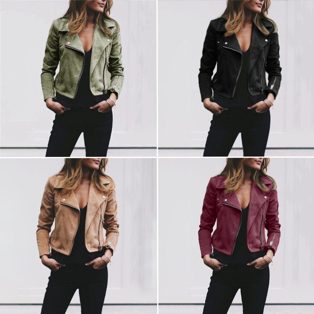 Veste biker pour femme automne courte zippée en suédine souple avec coupe ajustée Roxane