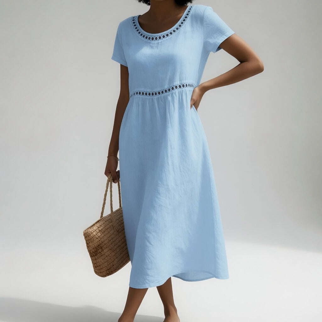 Robe midi brodée en coton à manches courtes et taille empire