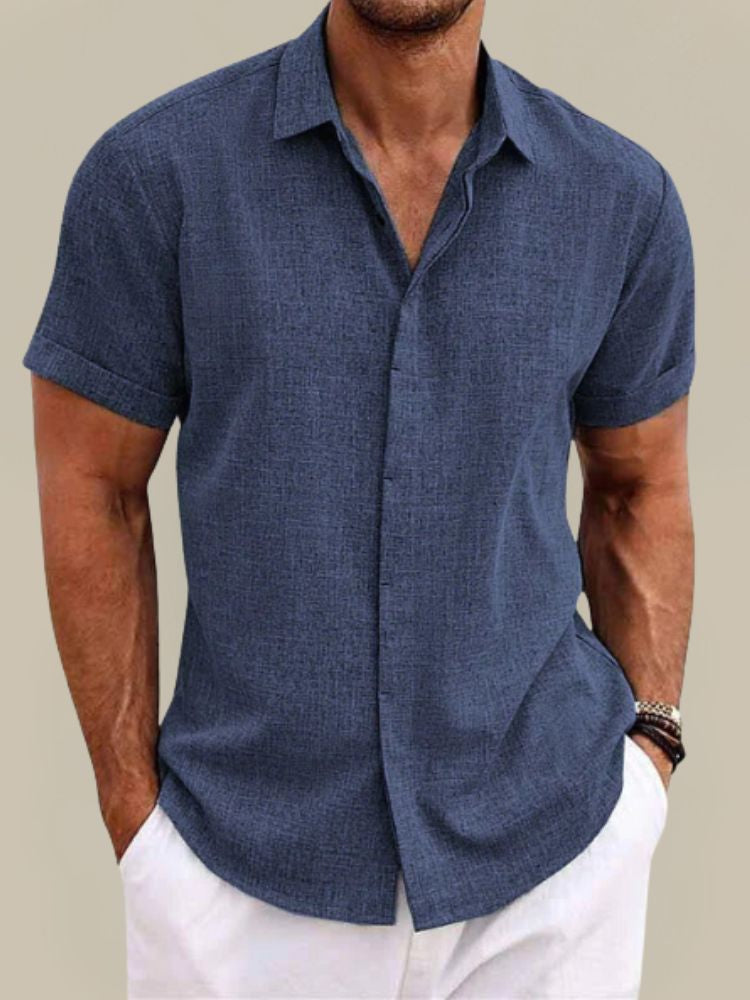 Chemise en lin homme à manches courtes coupe décontractée boutonnée