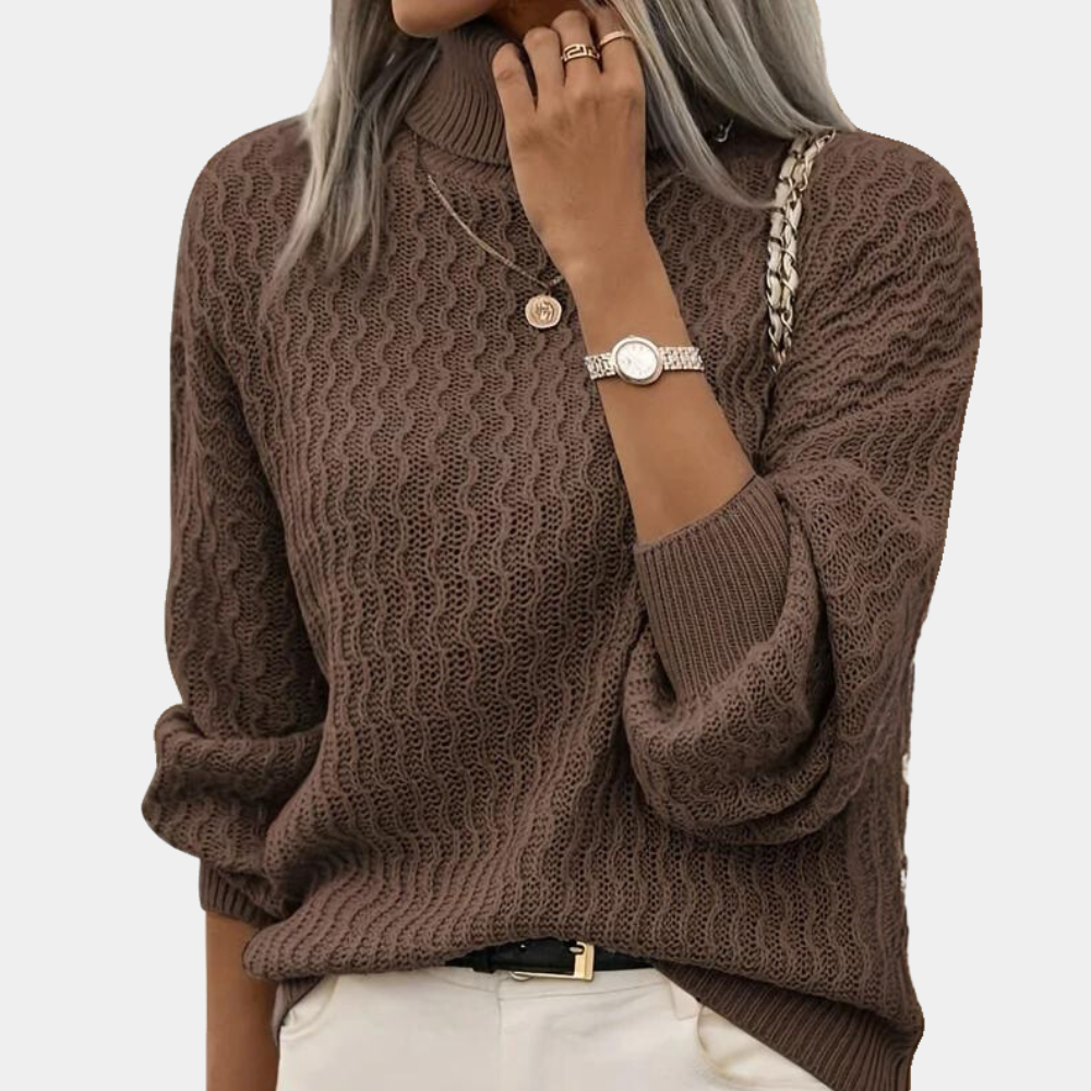 Pull en maille fine texturée pour femme automne à col montant à coupe ajustée Luisa