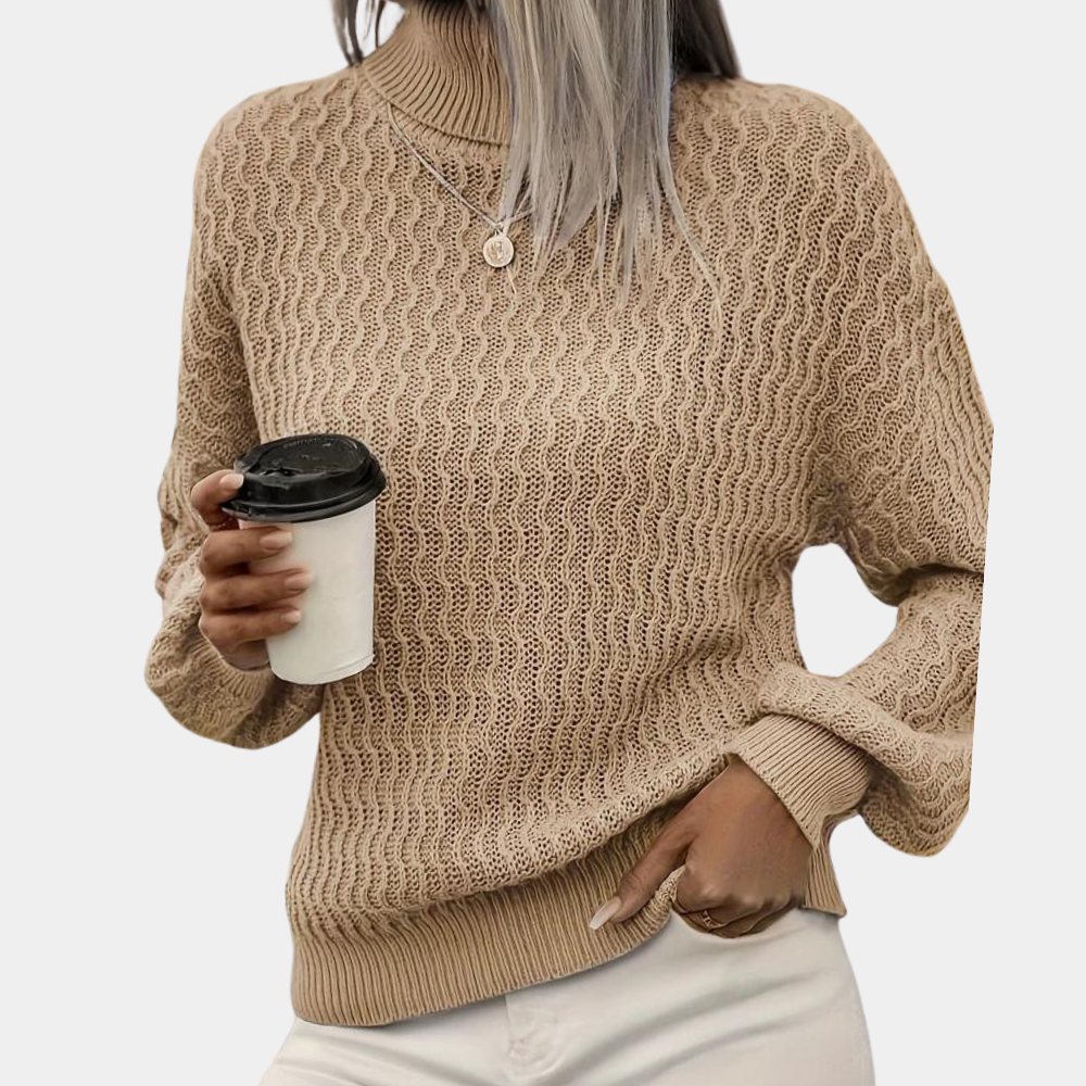 Pull en maille fine texturée pour femme automne à col montant à coupe ajustée Luisa