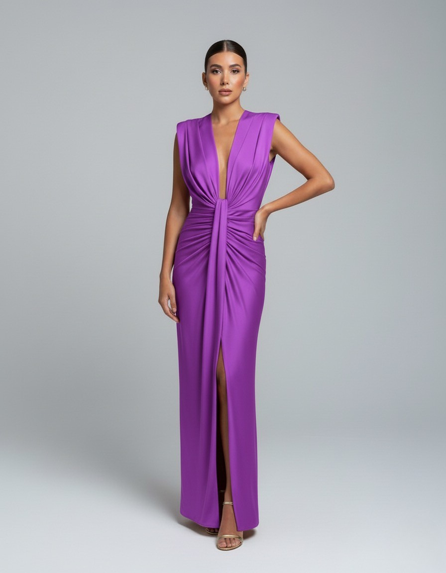 Adèle – Robe maxi sans manches à col en V et fente femme