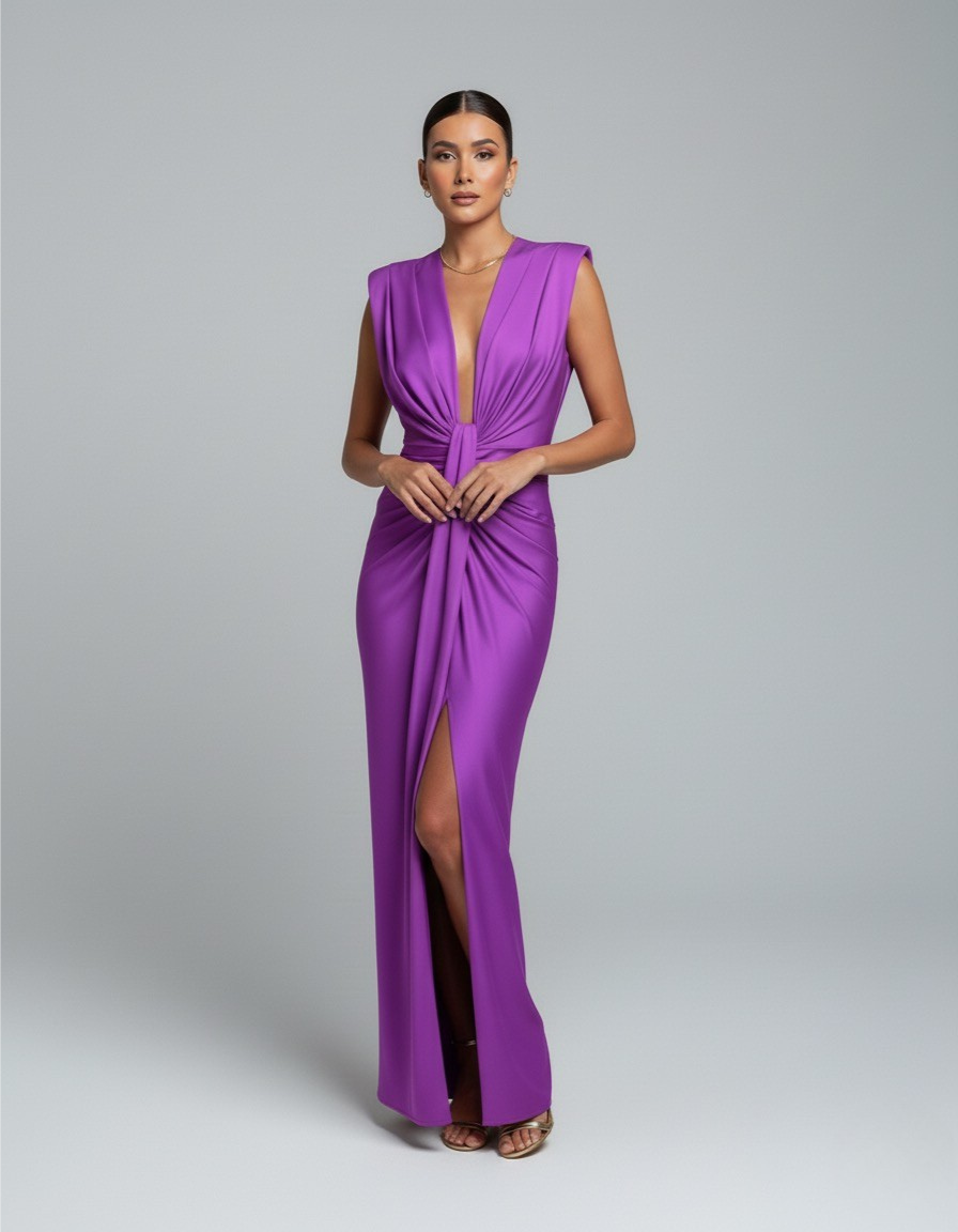 Adèle – Robe maxi sans manches à col en V et fente femme