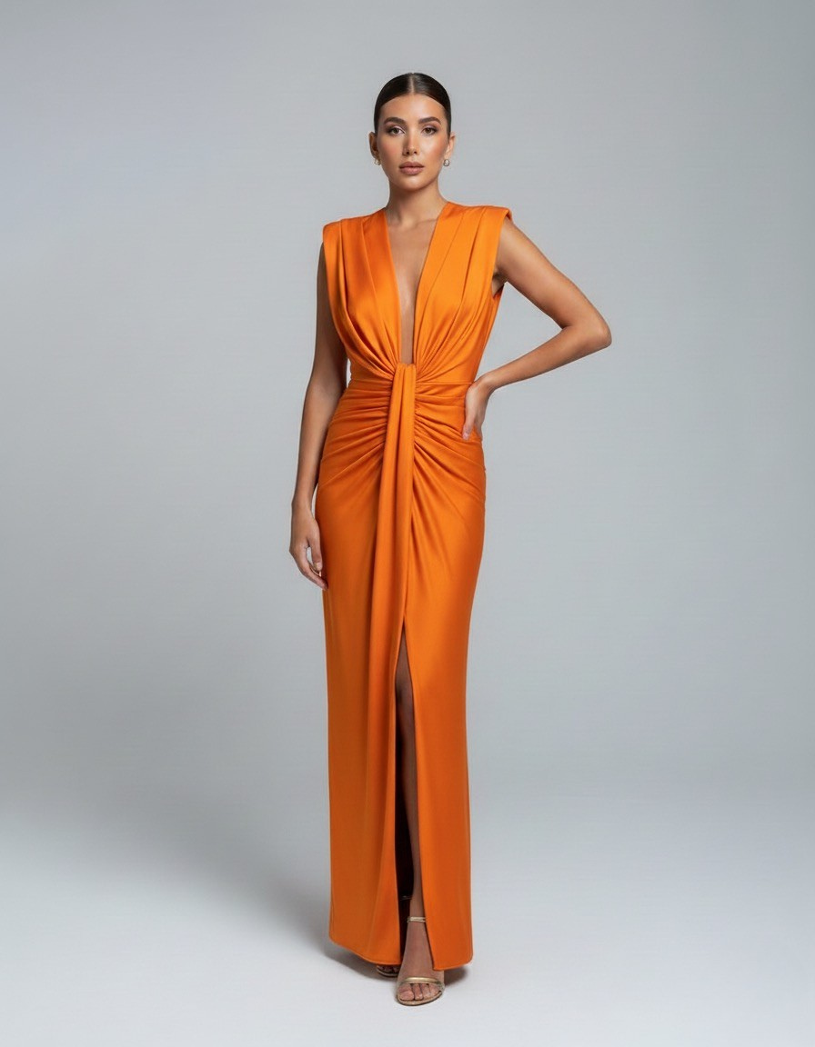 Adèle – Robe maxi sans manches à col en V et fente femme