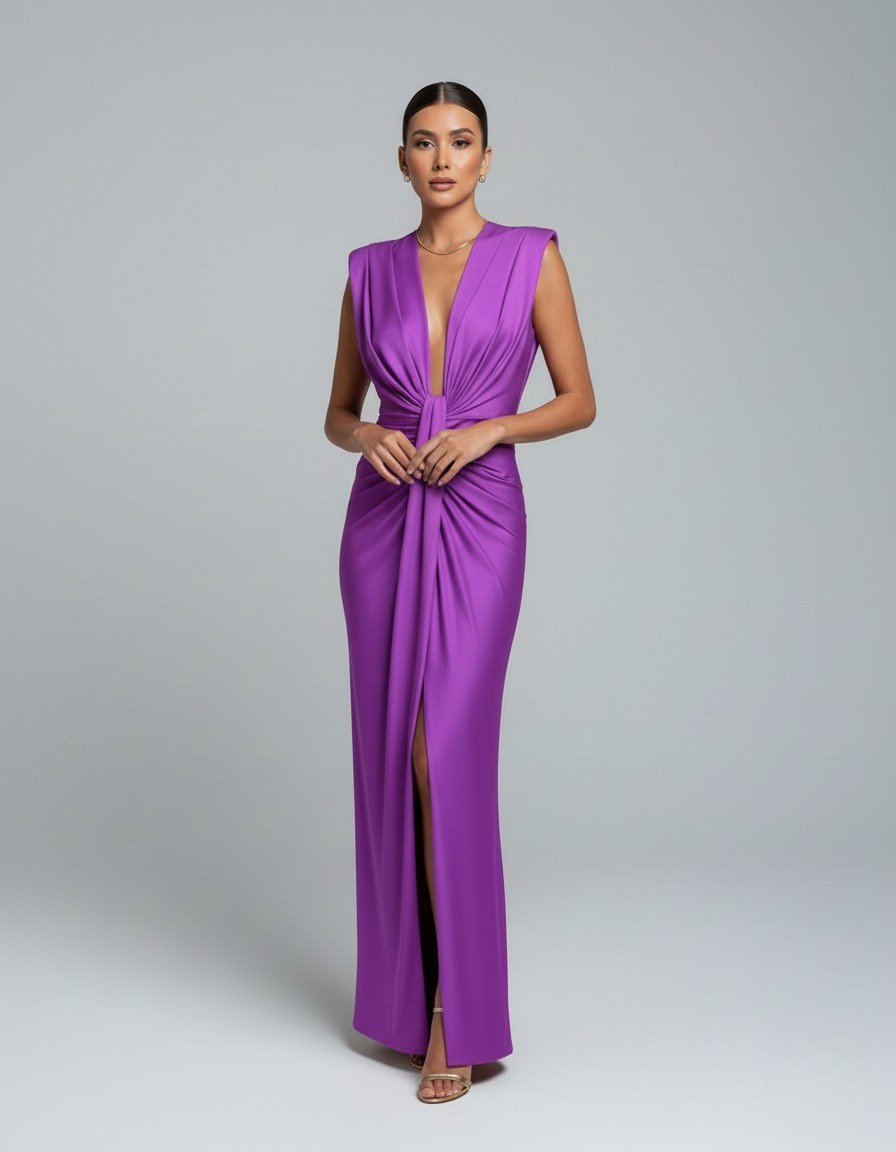 Adèle – Robe maxi sans manches à col en V et fente femme