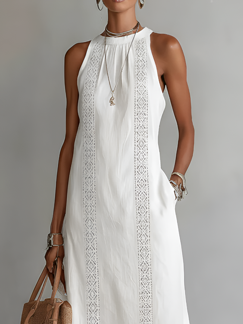 Robe midi d'été fluide à empiècements en dentelle avec poches et fentes latérales