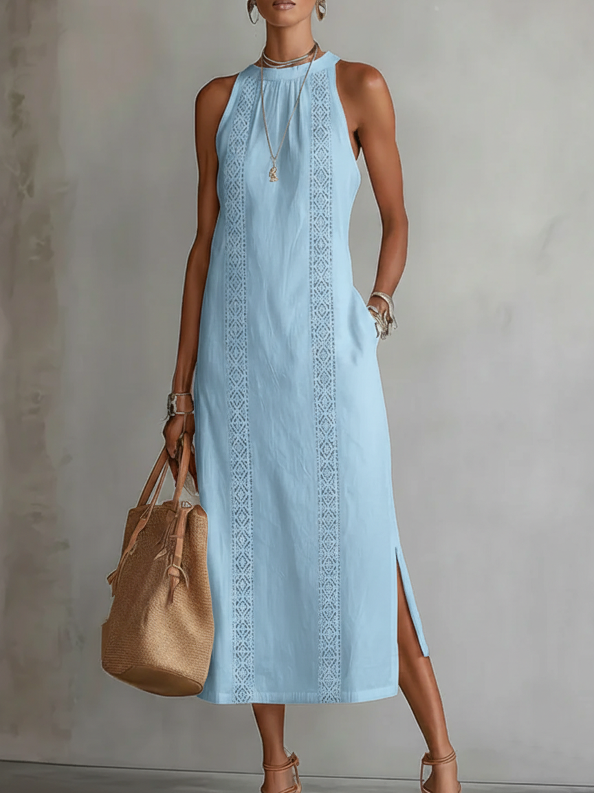 Robe midi d'été fluide à empiècements en dentelle avec poches et fentes latérales