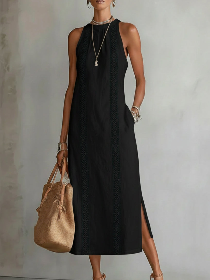 Robe midi d'été fluide à empiècements en dentelle avec poches et fentes latérales