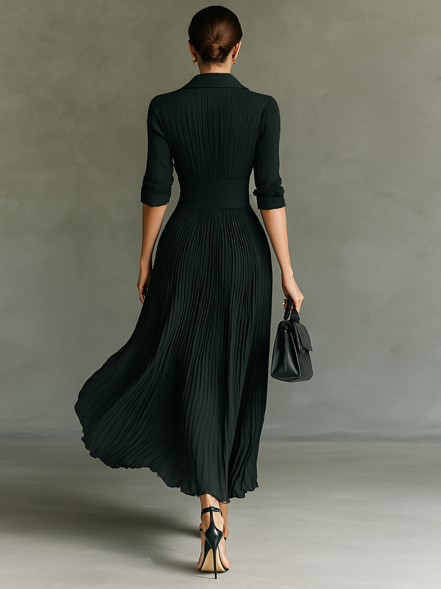 Esmée – Robe maxi unie plissée à col tailleur cintrée à manches longues femme