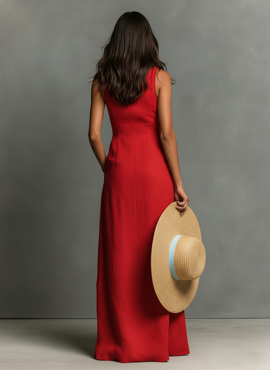 Rose – Robe chemise maxi sans manches en lin mélangé à col femme