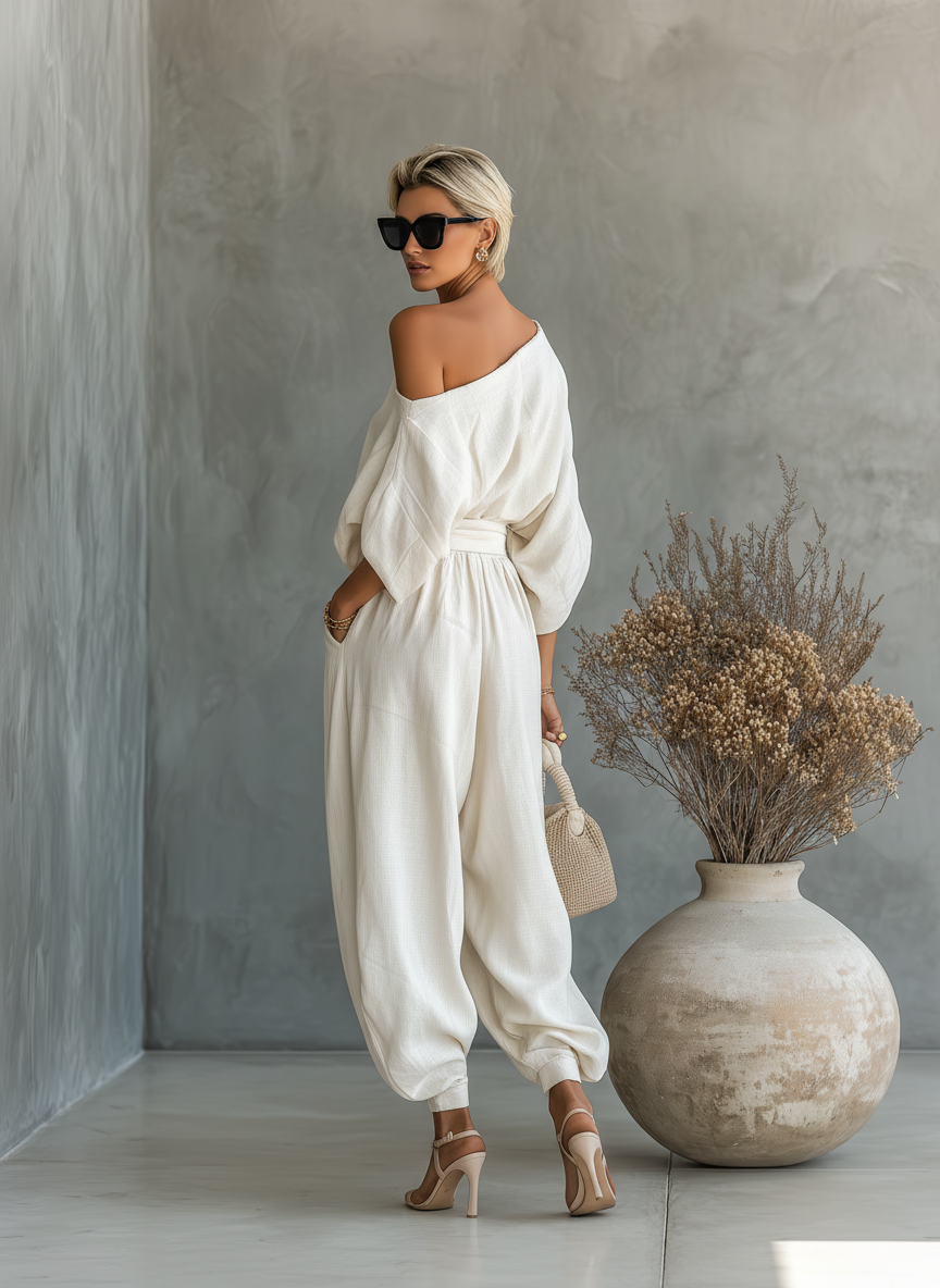 Émilie – Ensemble deux pièces en lin avec top à épaules dénudées et pantalon fuselé femme