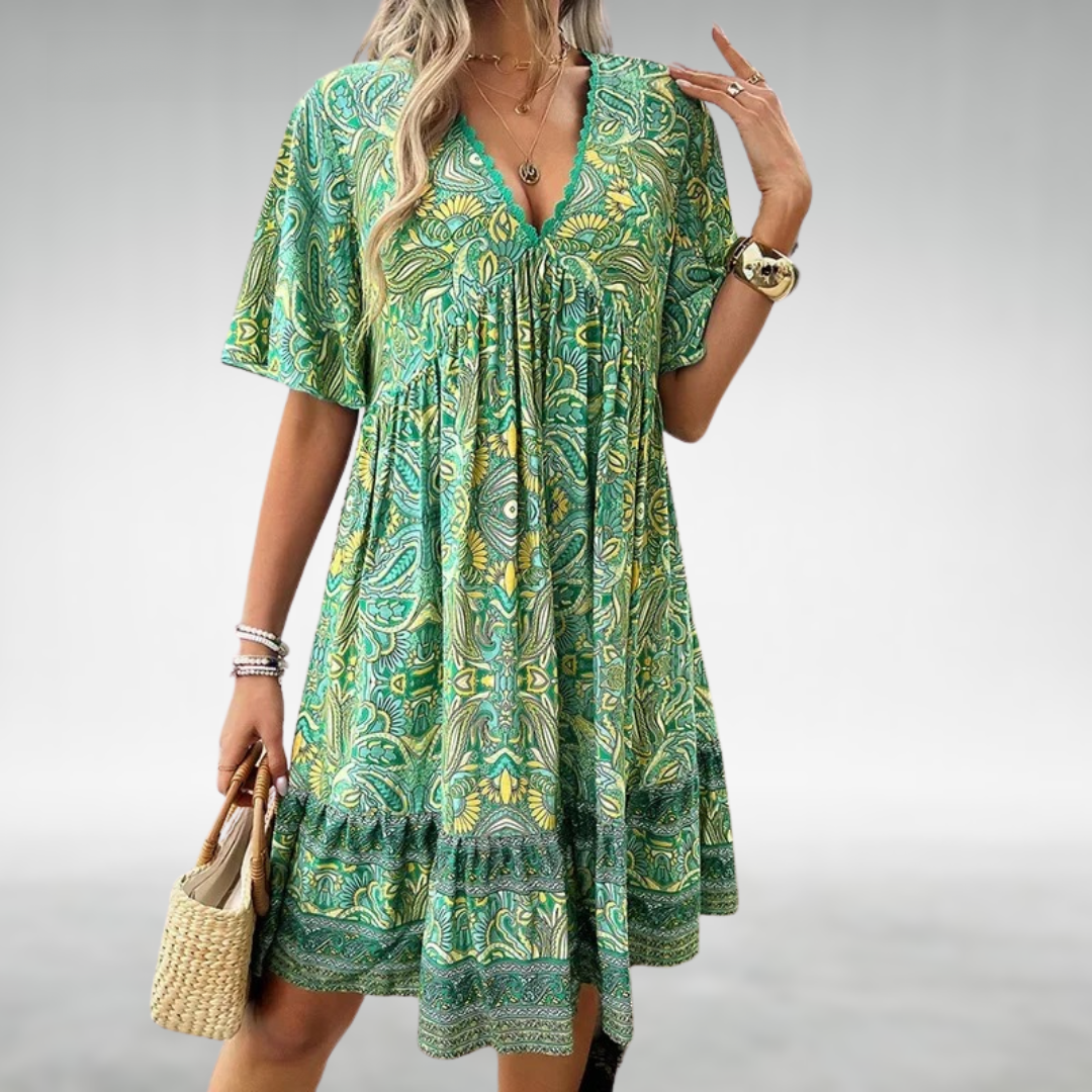 Robe courte bohème à décolleté en V et motif ethnique