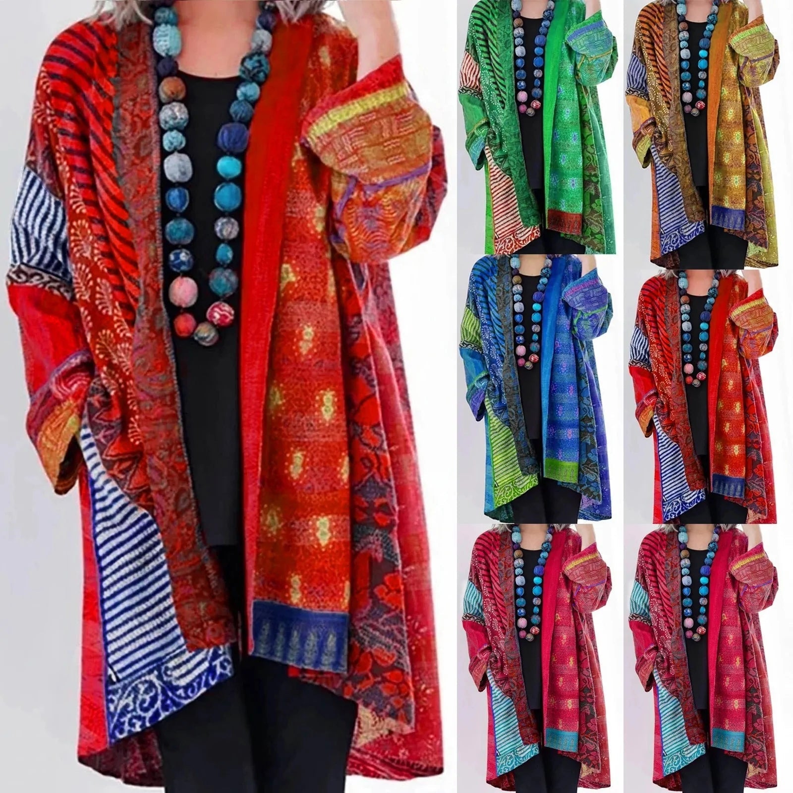 Gilet pour femmes automne ample coloré en tissu fluide avec imprimé patchwork Noa