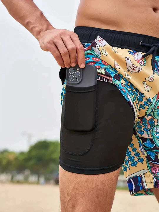Short de bain homme 2-en-1 séchage rapide à poche téléphone