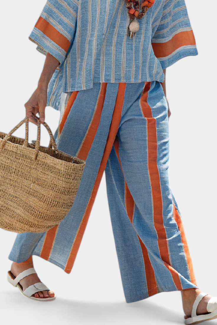 Pauline – Ensemble femme top rayé terracotta et pantalon en lin
