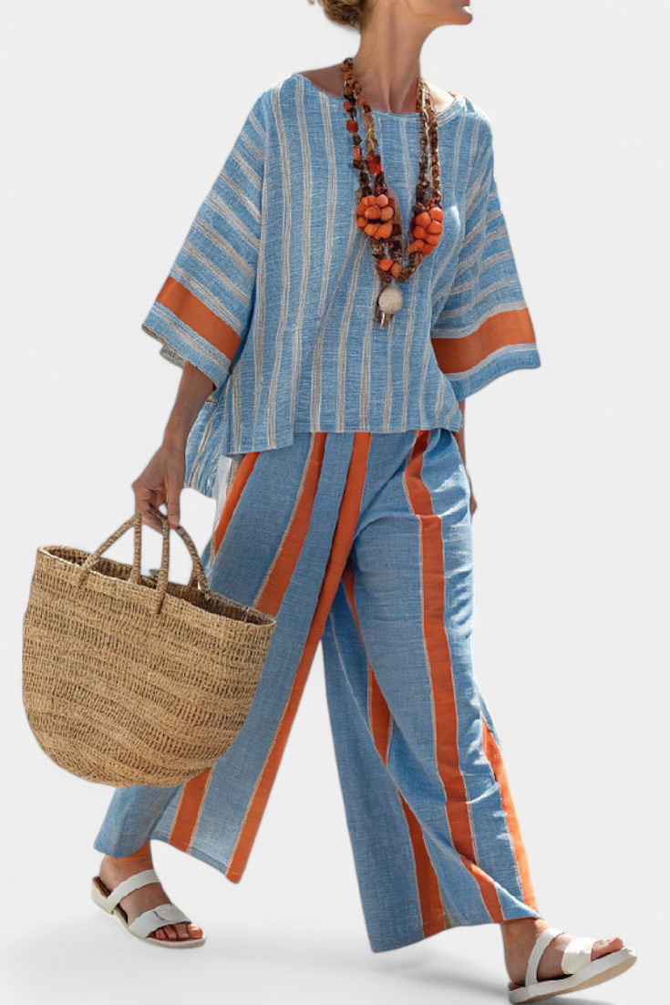 Pauline – Ensemble femme top rayé terracotta et pantalon en lin