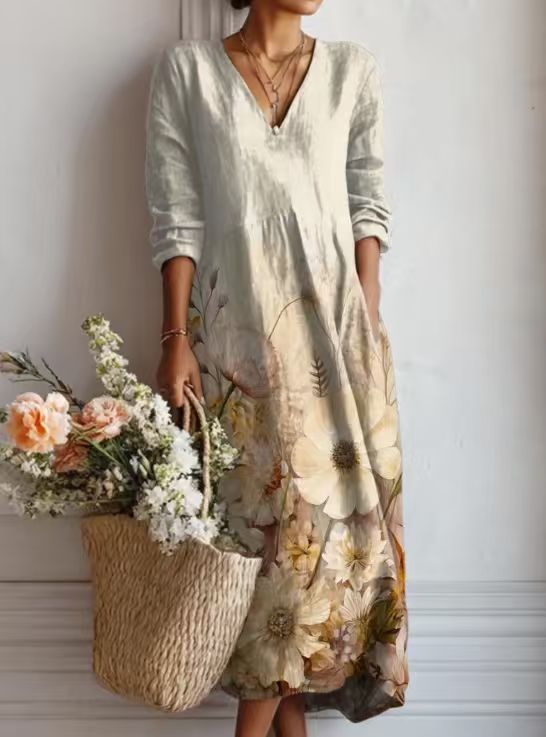Robe midi en lin à motif artistique et poches