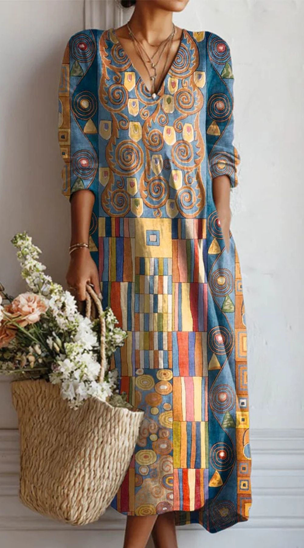 Robe midi en lin à motif artistique et poches