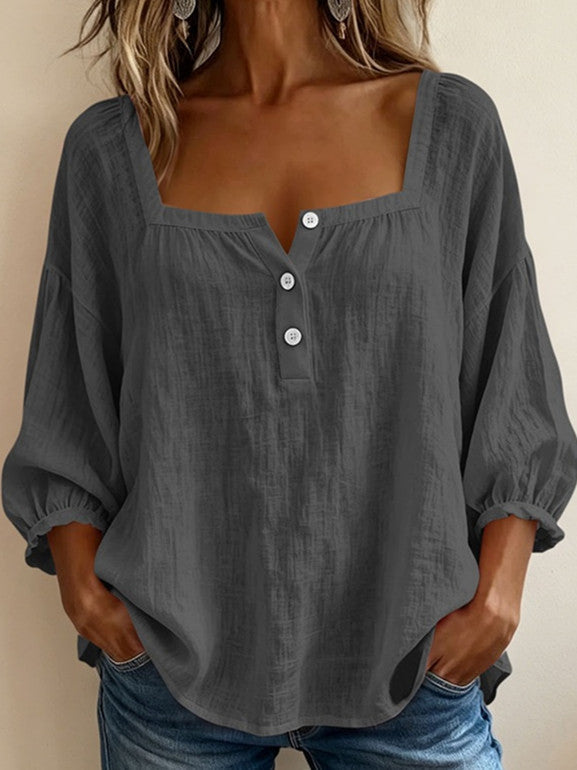 Blouse en lin femme à encolure carrée et manches bouffantes 3/4