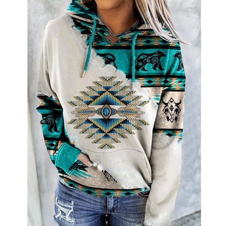 Sweat à capuche doux pour femme automne en coton à imprimé aztèque à coupe décontractée Maritza