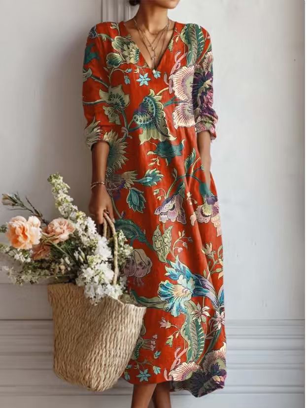 Robe midi en lin à motif artistique et poches