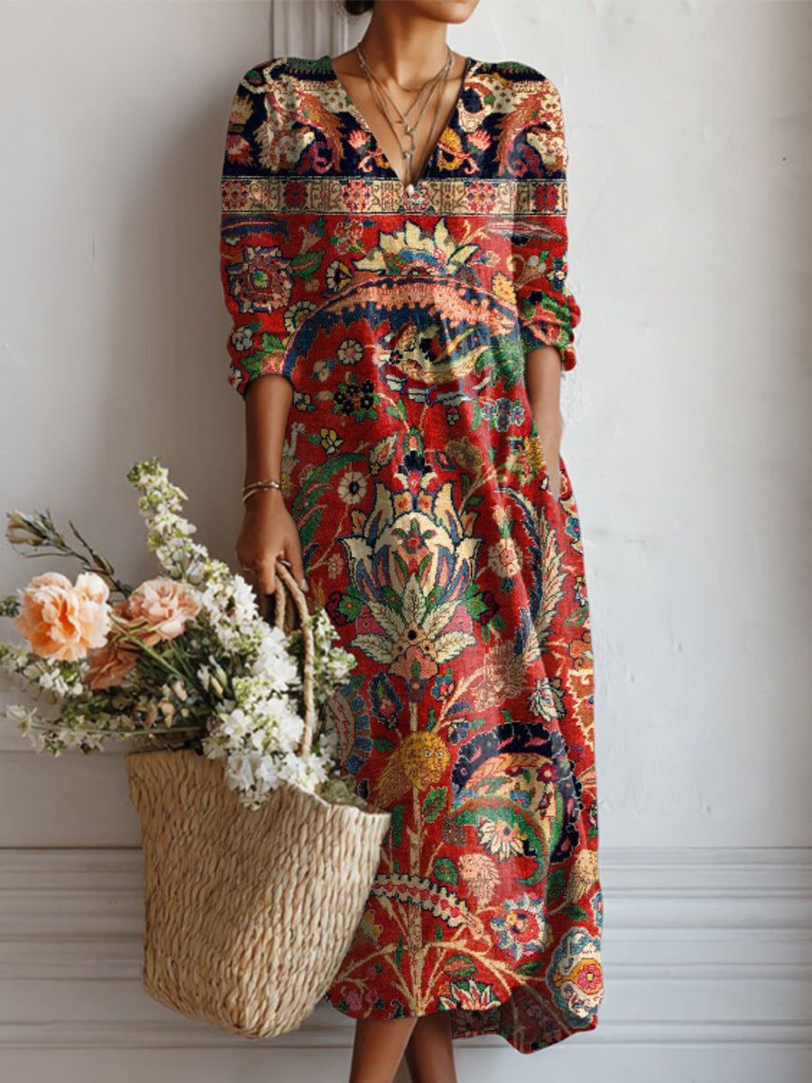 Robe midi en lin à motif artistique et poches