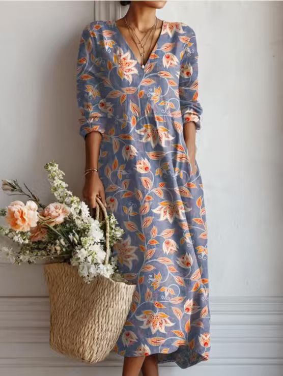 Robe midi en lin à motif artistique et poches