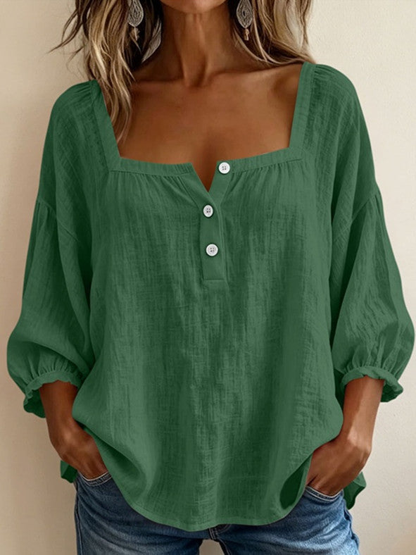 Blouse en lin femme à encolure carrée et manches bouffantes 3/4