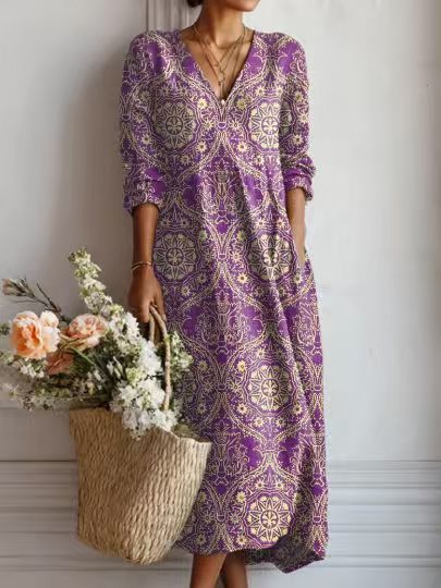 Robe midi en lin à motif artistique et poches