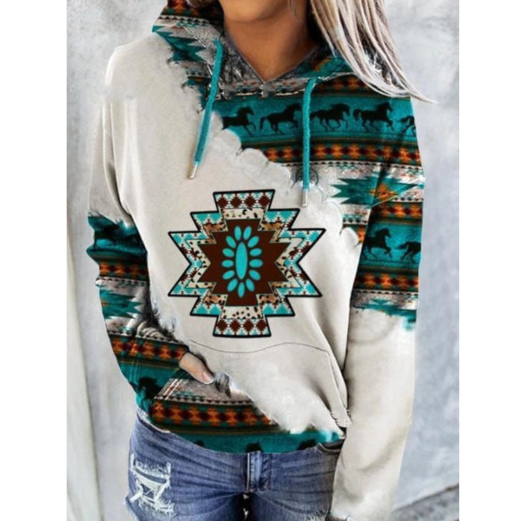 Sweat à capuche doux pour femme automne en coton à imprimé aztèque à coupe décontractée Maritza