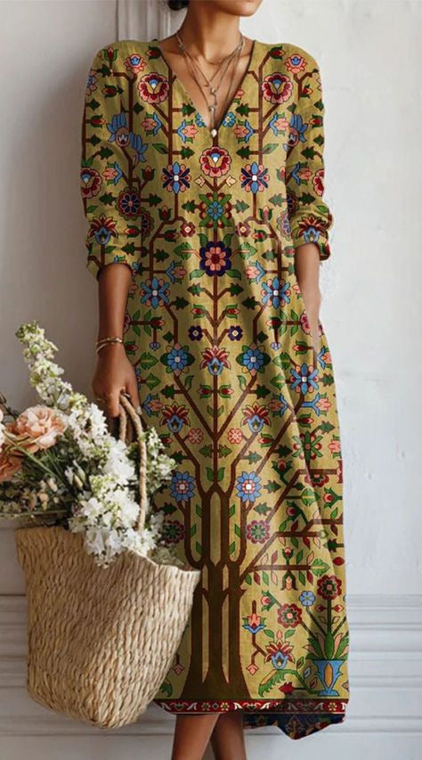 Robe midi en lin à motif artistique et poches