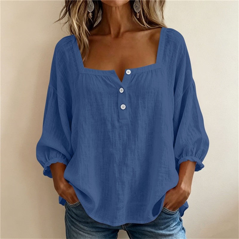 Blouse en lin femme à encolure carrée et manches bouffantes 3/4