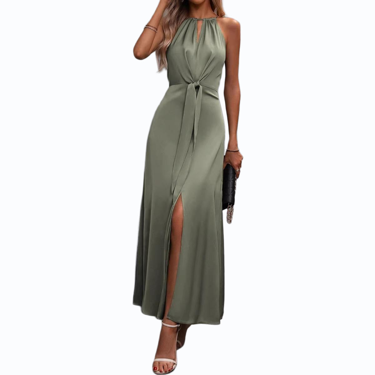 Robe longue élégante à fente et top noué au tombé fluide et féminin