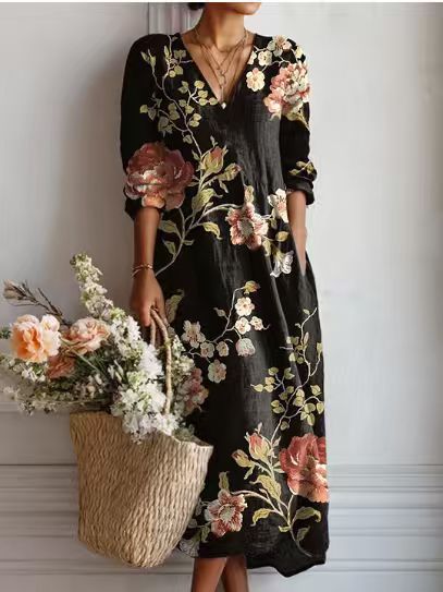 Robe midi en lin à motif artistique et poches