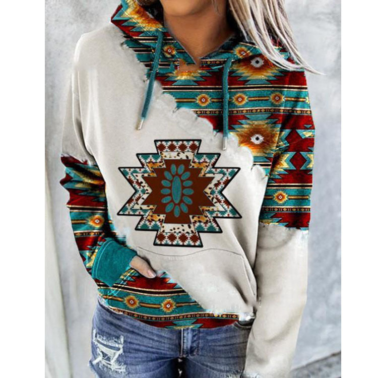 Sweat à capuche doux pour femme automne en coton à imprimé aztèque à coupe décontractée Maritza