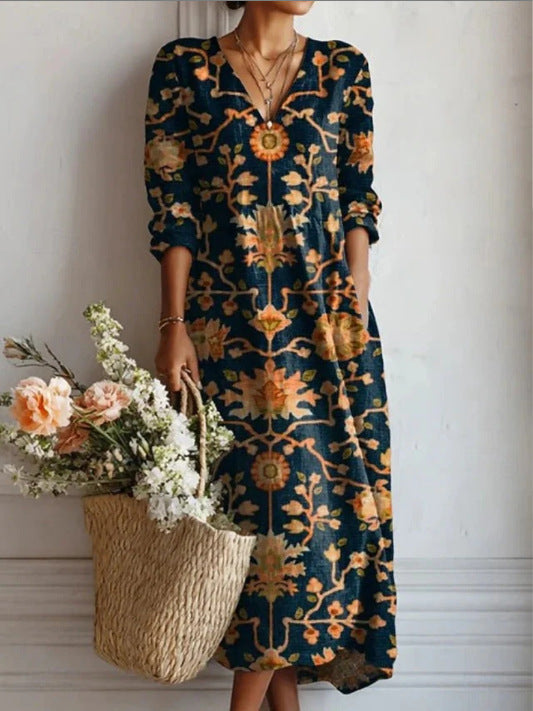 Robe midi en lin à motif artistique et poches