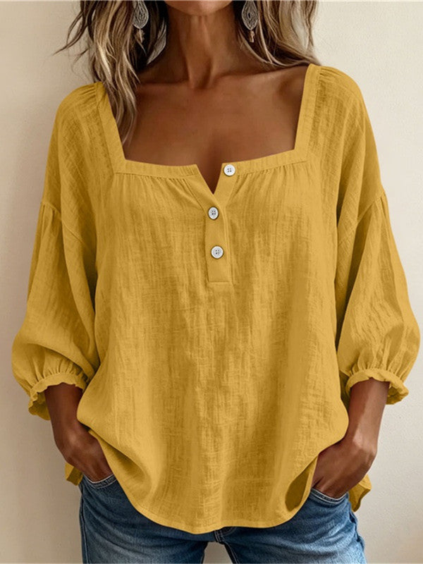 Blouse en lin femme à encolure carrée et manches bouffantes 3/4