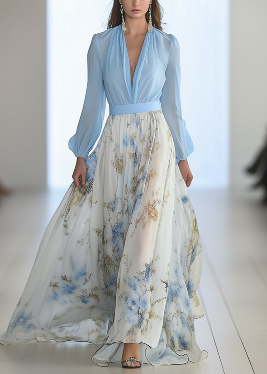 Clara – Robe maxi à manches longues avec col V profond et jupe imprimée femme