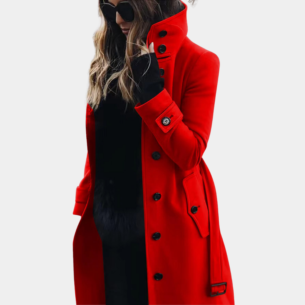 Manteau long en tissu structuré pour femme automne chaud à coupe cintrée avec ceinture Marisse