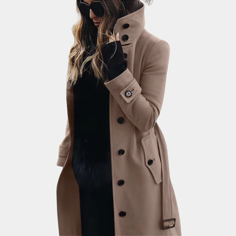 Manteau long en tissu structuré pour femme automne chaud à coupe cintrée avec ceinture Marisse