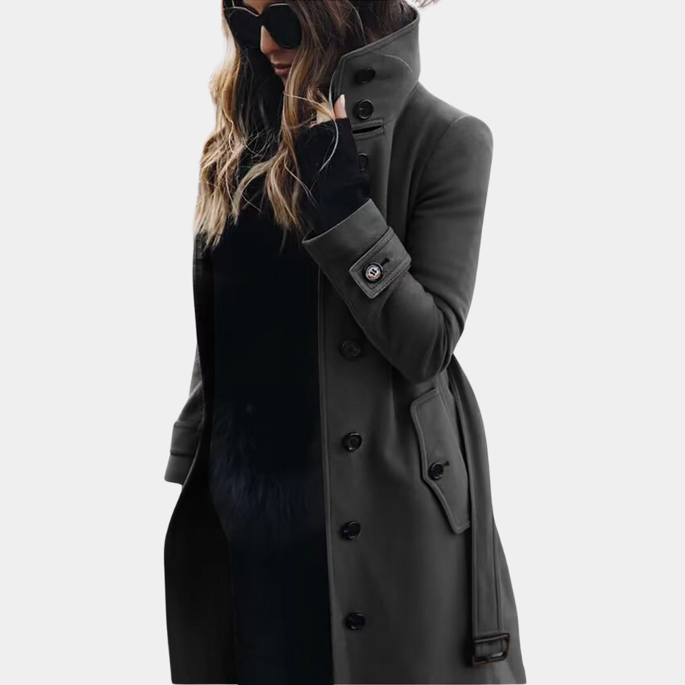Manteau long en tissu structuré pour femme automne chaud à coupe cintrée avec ceinture Marisse