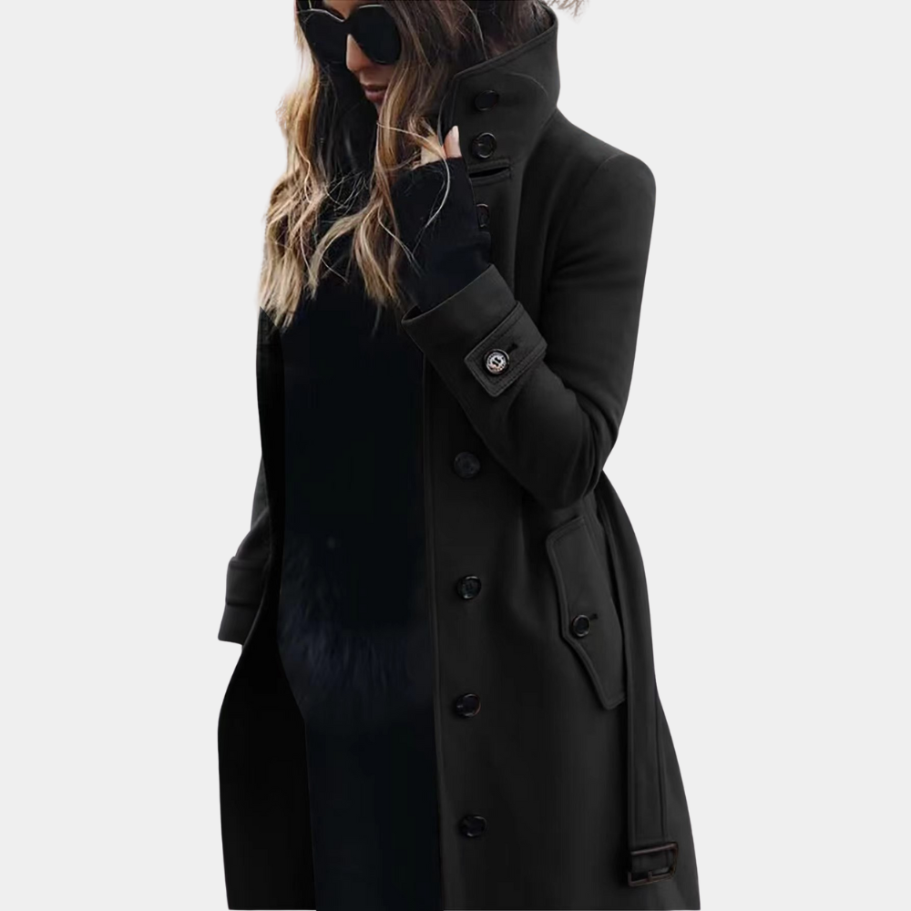 Manteau long en tissu structuré pour femme automne chaud à coupe cintrée avec ceinture Marisse