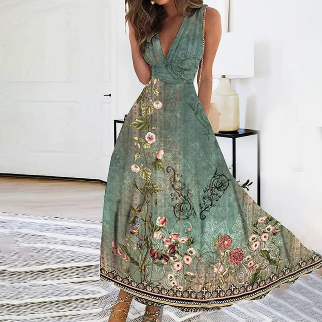 Léa – Robe maxi d’été fluide à col en V profond imprimé floral femme