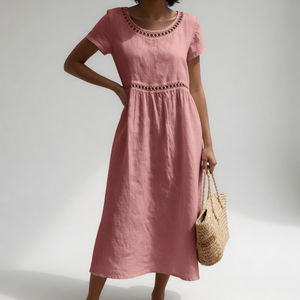 Robe midi brodée en coton à manches courtes et taille empire