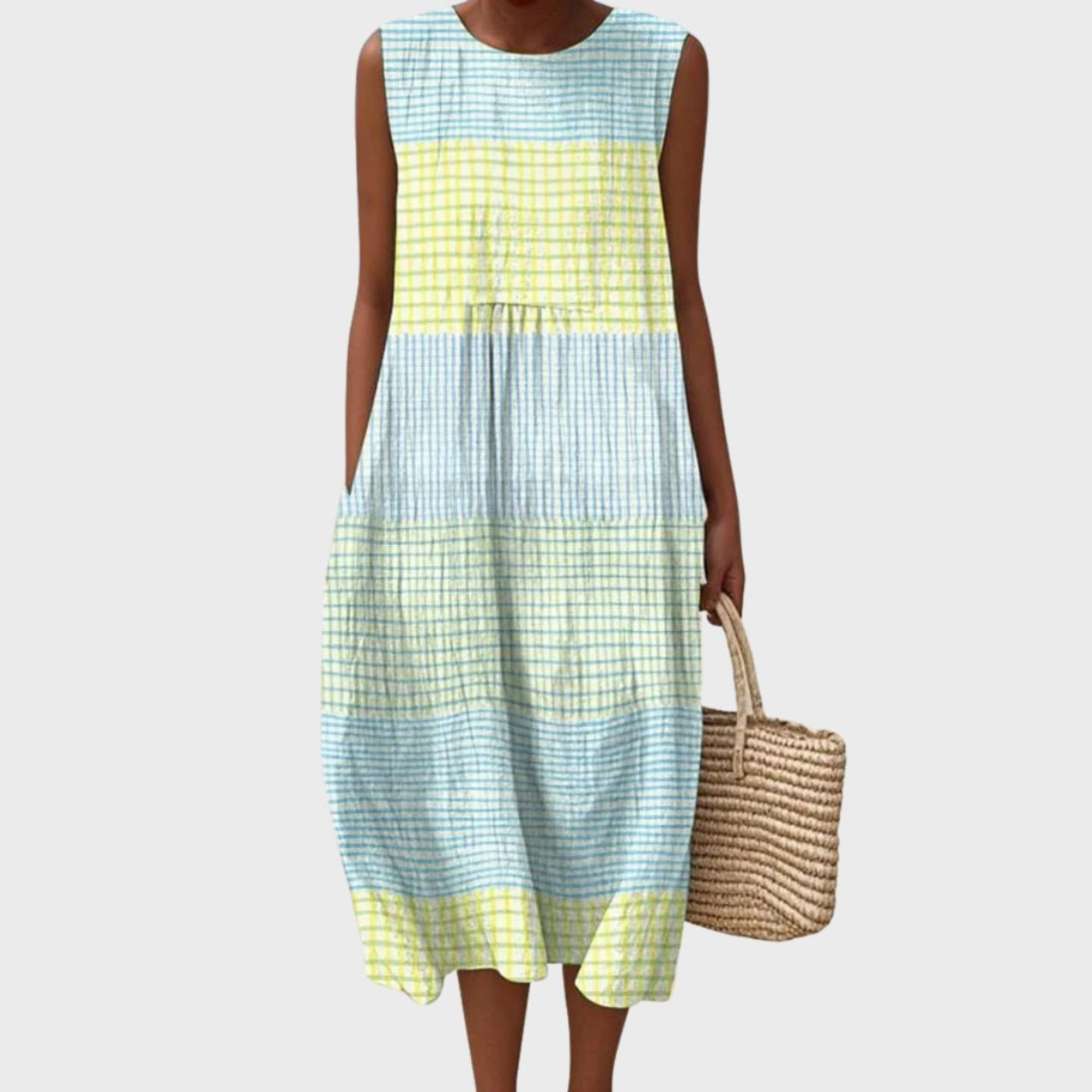 Sidonie – Robe midi décontractée en lin à carreaux sans manches femme